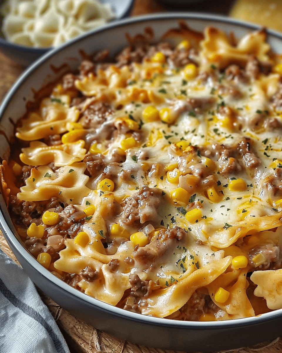 Garlic Butter Ranch Beef and Roasted Corn Bowtie Casserole