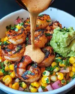 Grilled Shrimp Bowl with Avocado, Corn Salsa & Creamy Sauce Recipe