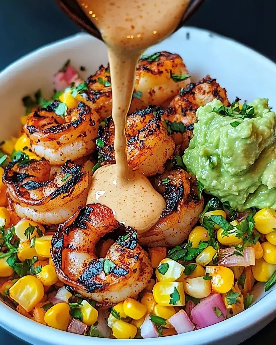 Grilled Shrimp Bowl with Avocado, Corn Salsa & Creamy Sauce Recipe